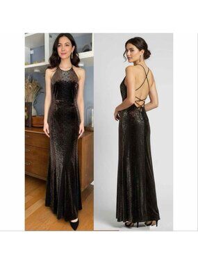 Vtg 90s Velvet Leopard Print Lace-up Open Back Halter Maxi Dress Gown Prom